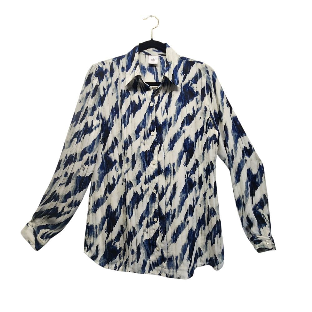 Cabi Blue Tiger Stripe Semi Sheer LS Button Down Blouse MEDIUM
